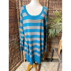 Extra Touch Teal Green/Blue Gray Striped Scoop Neck Long Sleeve Sweater/Dress 2X